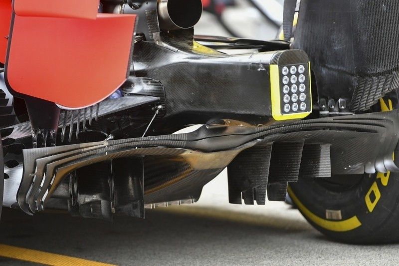 Detail van de ondervloer en diffuser van een Formule 1-auto