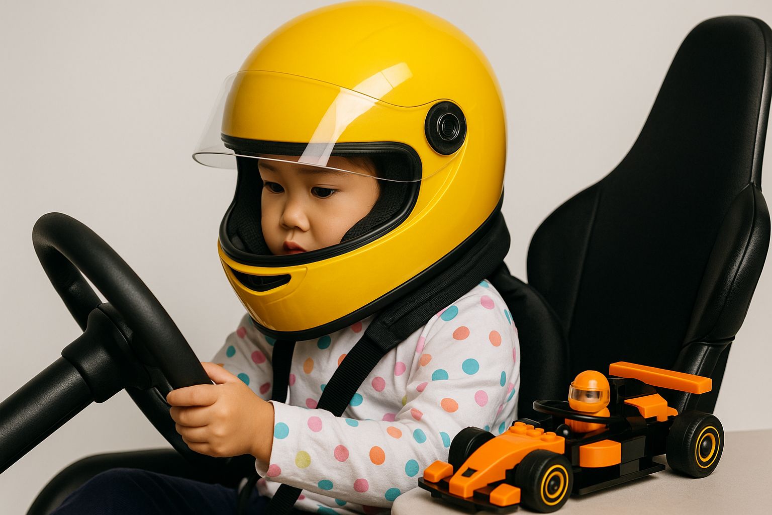 Kind in gele racehelm en stippen shirt achter stuur met speelgoed raceauto.