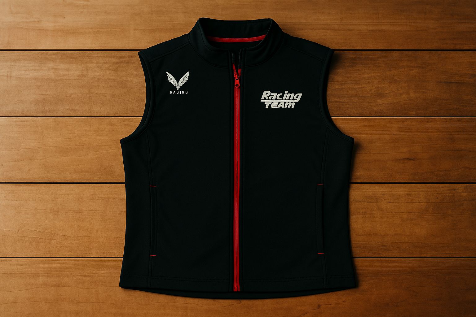 Zwarte mouwloze bodywarmer met rode rits en 'Racing Team'-logo op houten ondergrond.